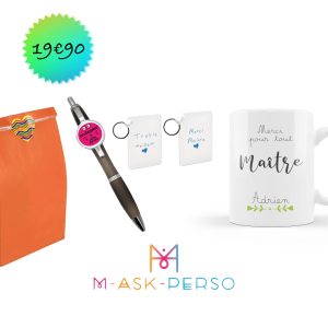 Cadeau personnalisé merci pour maître : Pack avec mug, stylo et porte-clés