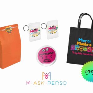 Cadeau personnalisé de merci maître : Pack tote bag, badge et porte-clés