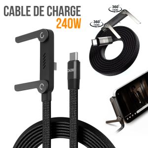 Câble de charge invisible avec support intégré charge ultra rapide 240 W – كابل شحن سريع وحامل هواتف