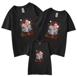 Tenues assorties pour la famille de Noël T-shirt Activité de réunion de famille de Noël Chemise à manches courtes T-shirt de fête surdimensionné à la mode – C07 Black