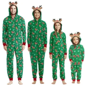 Tenues assorties de noël pour la famille, combinaison une pièce à capuche avec oreilles d’élan, barboteuse, ensemble de vêtements pour adultes et enfants, pyjama Look de noël – green