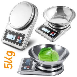 Balance de cuisine haute précision numérique avec bol en acier inoxydable, 5 kg / 1 g avec écran LCD