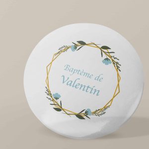 Badge personnalisé Baptême- fleurs Bleu et Or