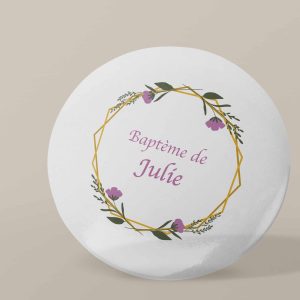 Badge personnalisé Baptême- fleurs Rose et Or