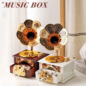 Phonographe trompette dorée et boîte à Bijoux Décorative – صندوق موسيقي